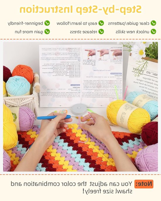 Beginner haakset voor volwassenen en kinderen, eenvoudig haakschalenset met stapsgewijze handleiding en accessoires voor het maken van een granny square sjaal van Merkloos — afbeelding 2