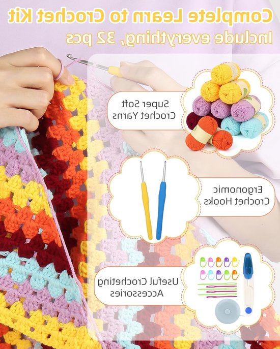 Beginner haakset voor volwassenen en kinderen, eenvoudig haakschalenset met stapsgewijze handleiding en accessoires voor het maken van een granny square sjaal van Merkloos — afbeelding 3