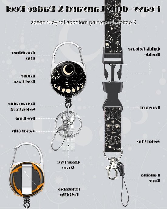 Stijlvolle Badgehouder met Maansymbool en Planeten, Retractable Reel en Afneembare Lanyard voor Kantoor en Onderwijs — afbeelding 3