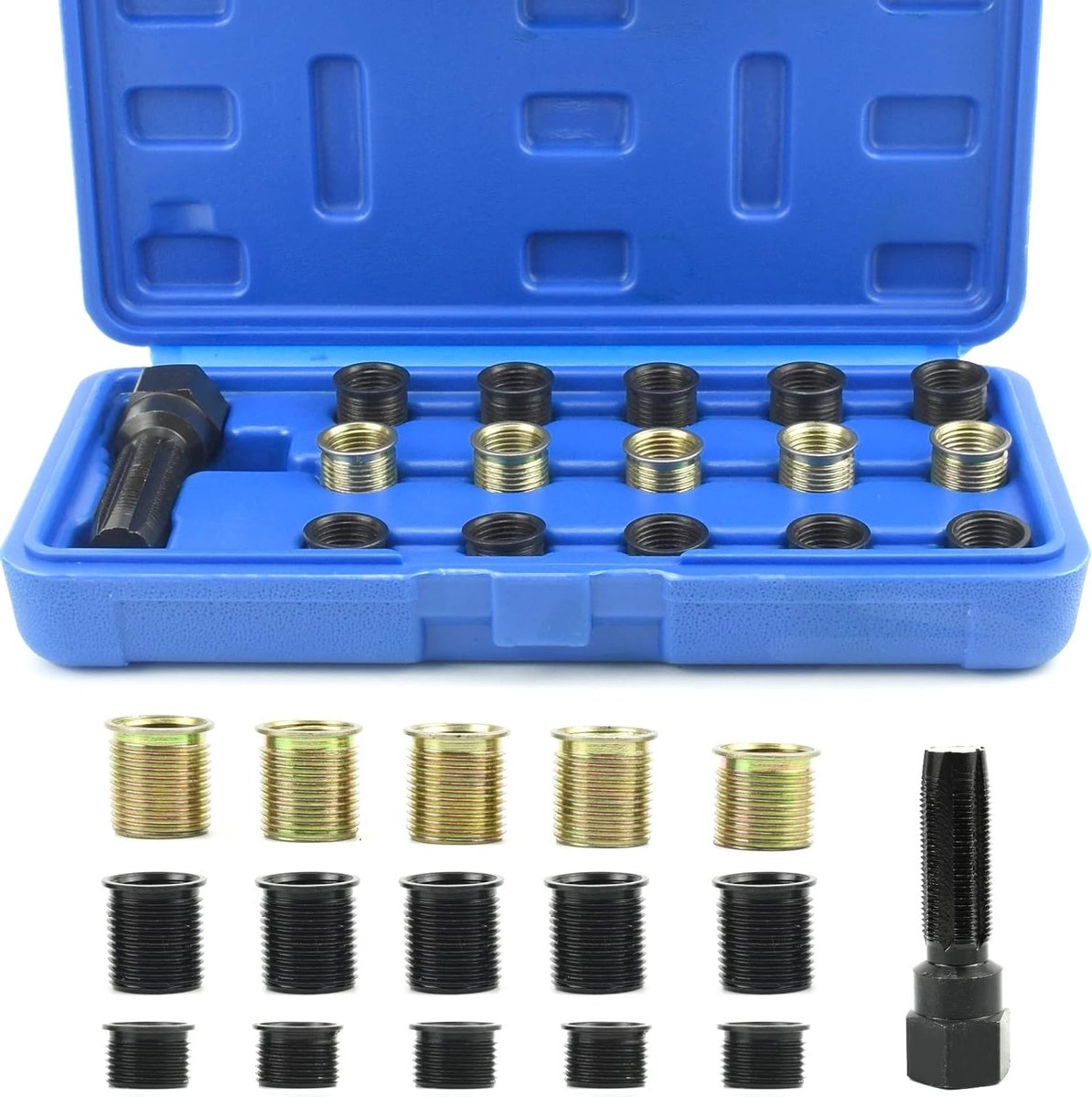 16-delige set voor bougieschroefdraad reparatie inclusief koffer - Verschillende maten M14 x 1,25 mm - Schroefdraadbussen van roestvrij staal - Handige schroefdraad reparatieset