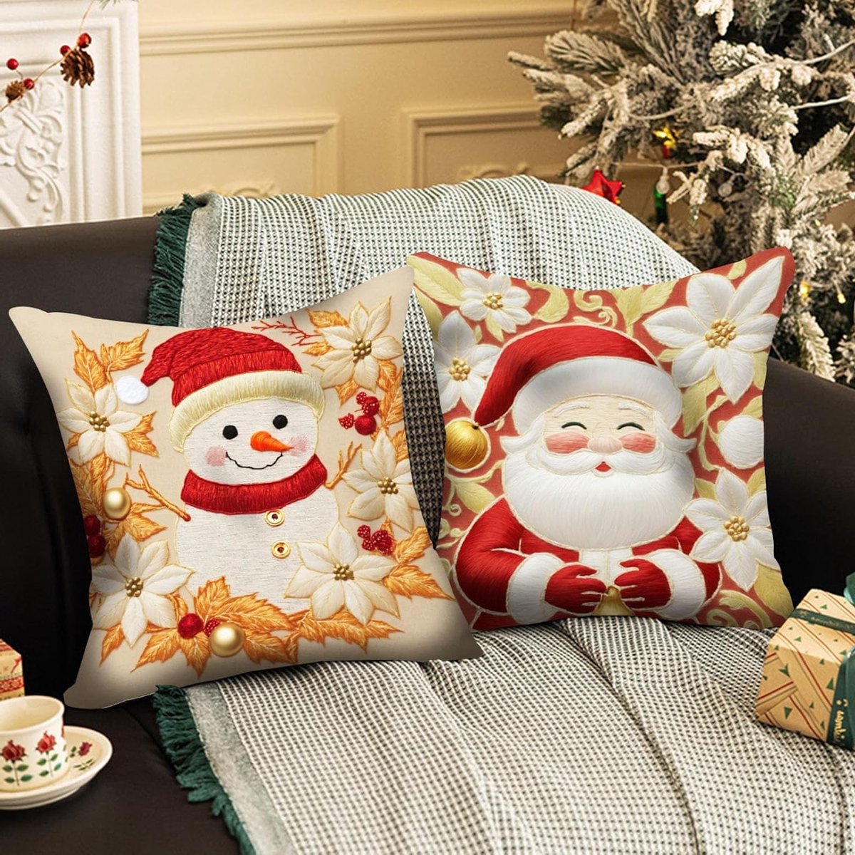 Kerstkussenhoezen set van 2, 45x45cm, sneeuwman ontwerp, decoratieve kussens voor de feestdagen, kerstdecoratie en gezellige sfeer