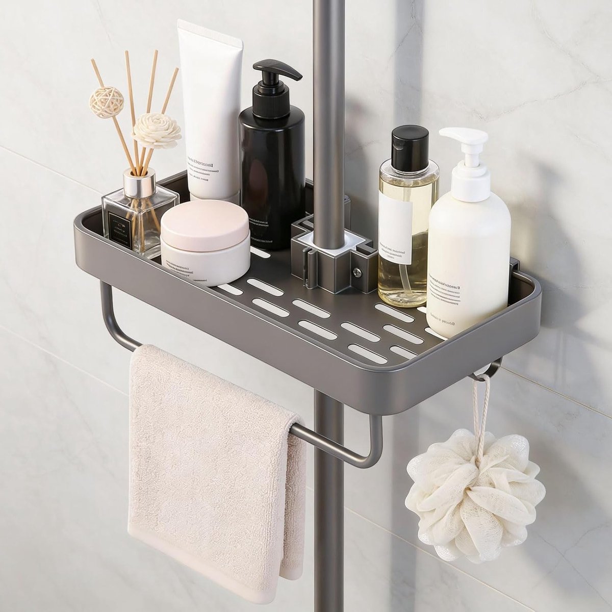 Stabiele Aluminium Doucheplank zonder Boren met 2 Haken - Grote Antislip Douchemand voor Ronde Douchebuis (18mm-25mm) met Extra Opbergruimte