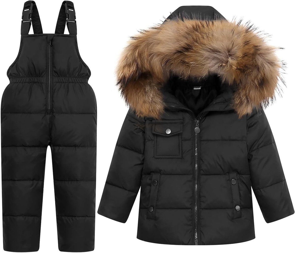 Dik Winterjack met Neppelsen Kap voor Kinderen, Inclusief Ski Broek, Geschikt voor Jongens en Meisjes, Zwart, 2-3 Jaar, Ideaal voor Koude Weer en Wintersport