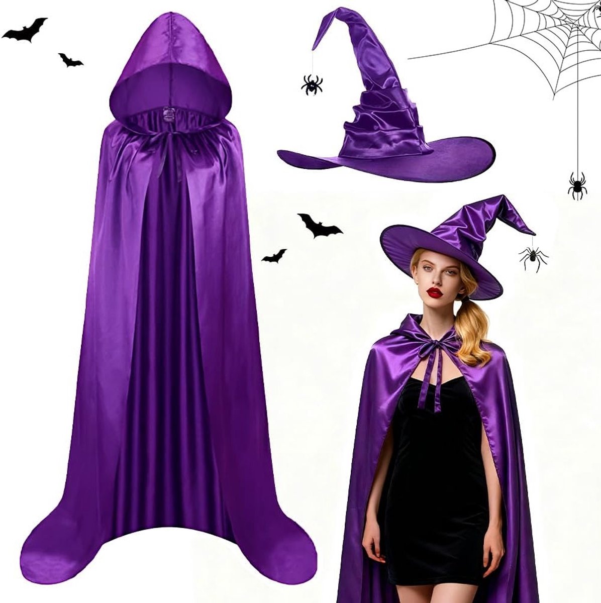 Vrouwelijk Heksen Kostuum voor Halloween met Paarse Cape en Vouwbare Heksenhoed - 2-delige Set voor Feest en Carnaval