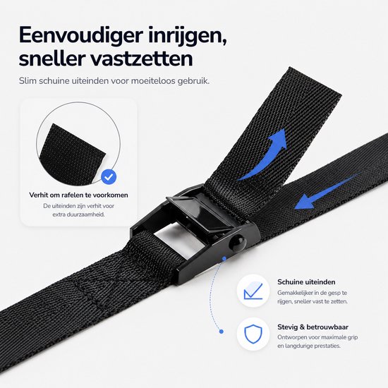 Zwarte spanband met schuine uiteinden en metalen gesp. Pijlen geven de makkelijke inrijging aan.