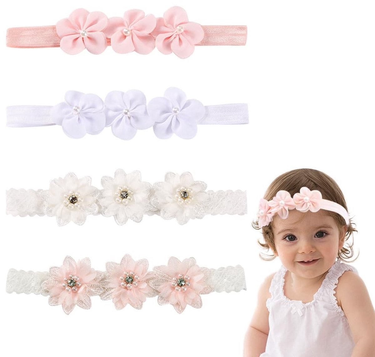 Seb3 - Baby Flower Headbands - Haaraccessoires - Schattig en zacht - Wit en roze - Fotografie - Verjaardagscadeau - Geschikt voor meisjes