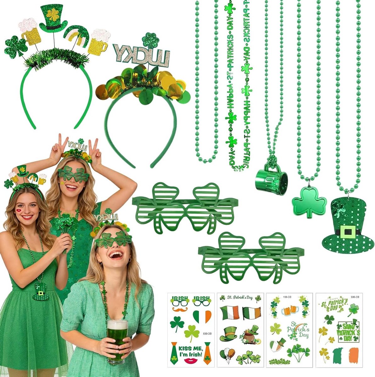 13-delige St. Patrick's Day Kostuum Accessoires Set met Groene Klavertjes, Hoofdbanden, Brillen, Kettingen en Tatoeages voor Feestelijke Vieringen
