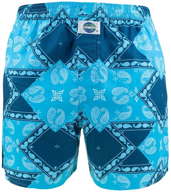 Boxer short avec un imprimé cachemire bleu en losanges. Avec étiquette de marque au dos.