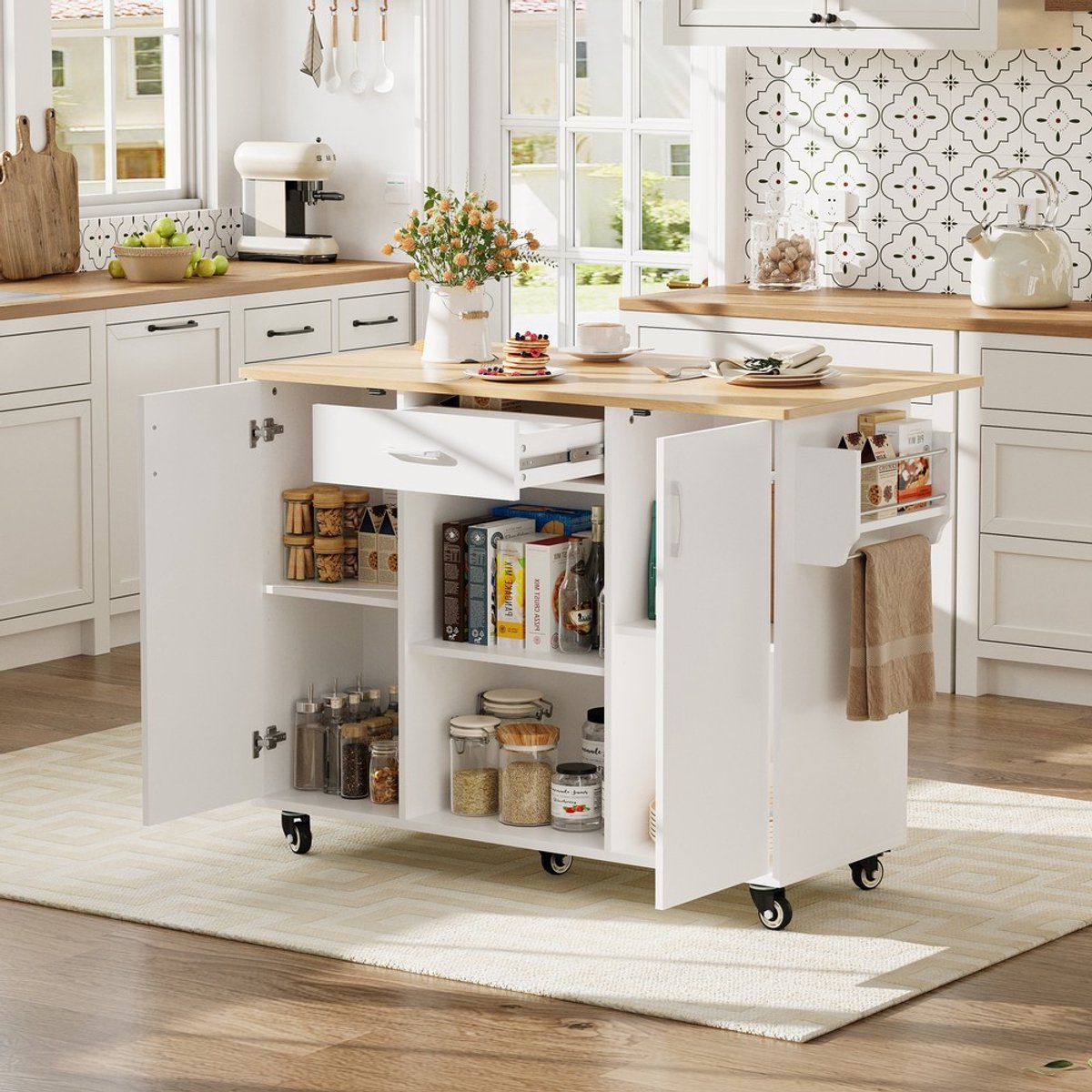 Pugsdrly Kitchen Island, keukentrolley met neerklapbaar werkblad, 120 cm groot keukeneiland op wielen, verrijdbare serveertrolley met lade & kast, wit-eiken, 92,9 x 120 x 43,5 cm