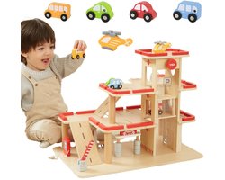 Vigatoys - Houten - Speelgoedgarage - Groot - Inclusief 4 auto's en Helicopter