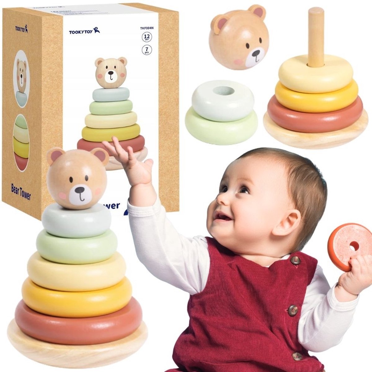 Tooky Toy Houten Zintuiglijke Puzzel Piramide Teddybeer Zintuiglijke Kleurrijke Stapelaar