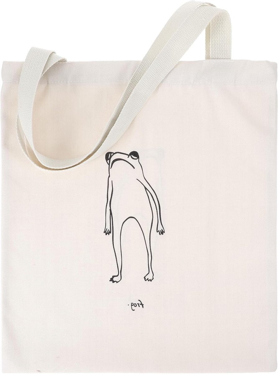 Leuke Herbruikbare Katoenen Tote Bag voor Vrouwen, Esthetische Kikker Tas voor School en Winkelen - Beige, Duurzaam en Ruim