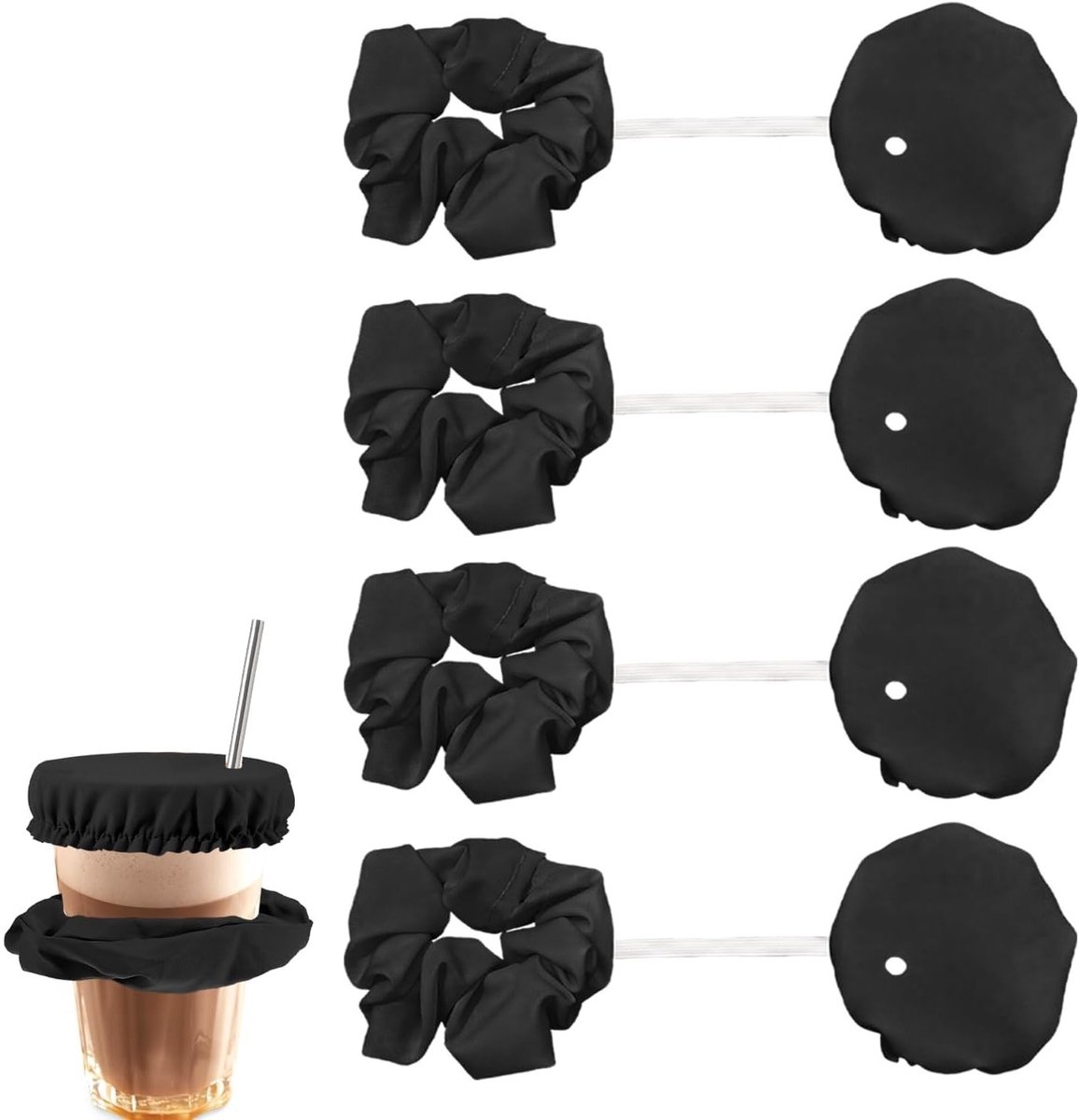 Set van 4 Scrunchies en Drinkdeksels - Haaraccessoires en Bescherming voor Feesten, Bars en Strandactiviteiten (Zwart)
