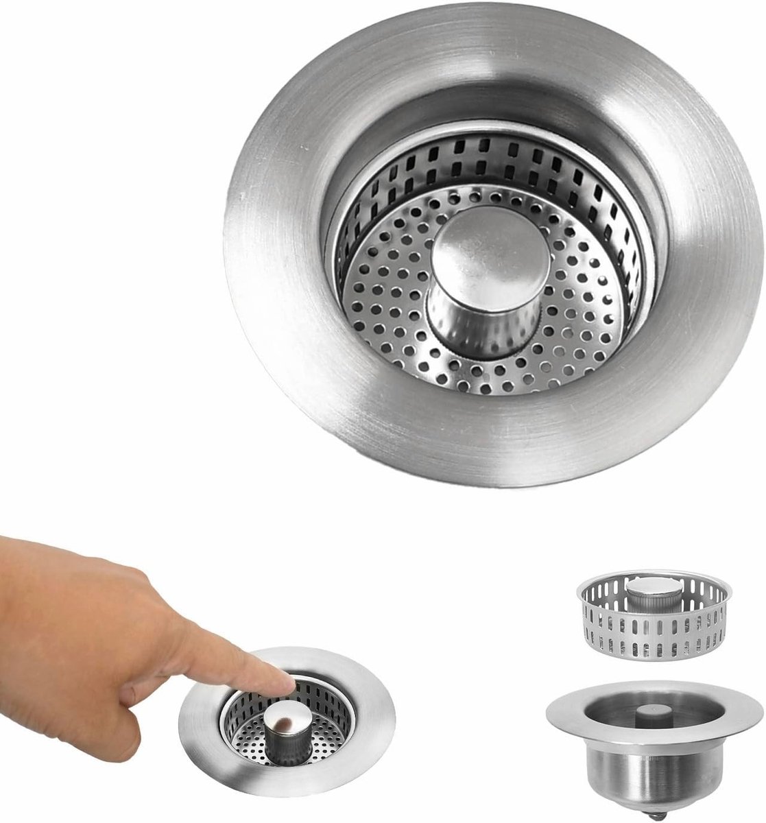3-in-1 Pop-up Afvoerstopper voor Keuken, Waterdicht en Vuilafstotend, RVS 304, Geschikt voor Gaten van 75-87mm en Diepte > 37mm