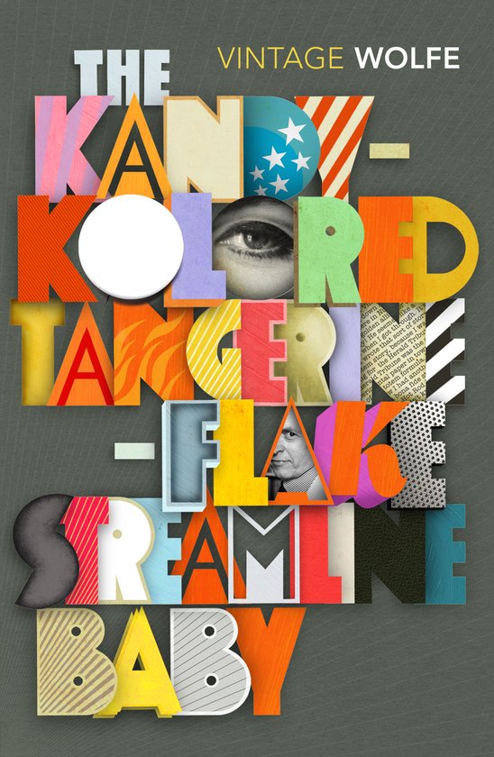 Titre 'The Kandy Kolored Tangerine Flake Streamline Baby' en grandes lettres colorées stylisées avec des motifs, un œil et un portrait.