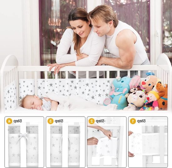 Set van 2 Zachte en Ademende Bedhekken met 10 Vaste Straps, Wasbaar, 340 cm x 30 cm + 160 cm x 30 cm, Ideaal voor Babybedjes en Veiligheid — afbeelding 5