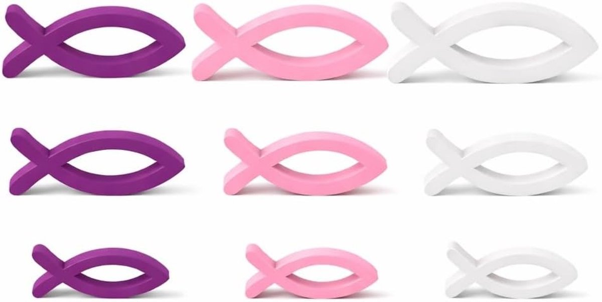 Set van 9 Houten Vissen voor Tafelversiering bij Doop, Communie en Bevestiging - Roze, Paars en Wit