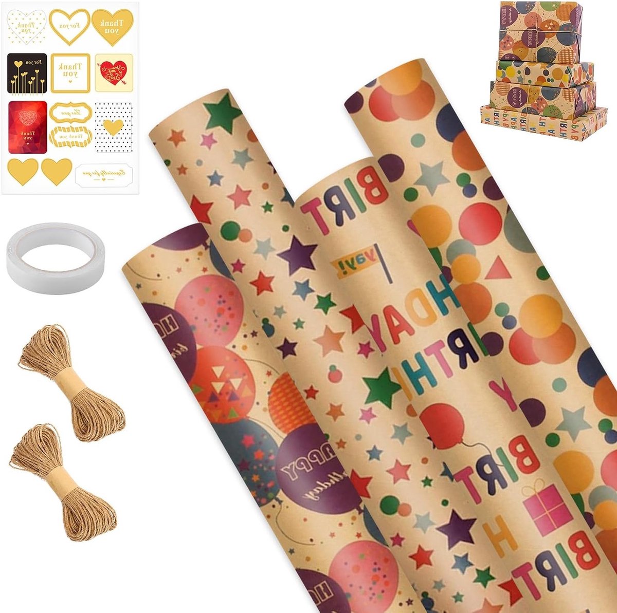 Cadeaupapier voor Verjaardagen - 4 Rollen Bruin Kraftpapier met Henneptouw en Plakband, 43 cm x 3 m, Duurzaam en Recyclebaar voor Mannen, Vrouwen en Kinderen