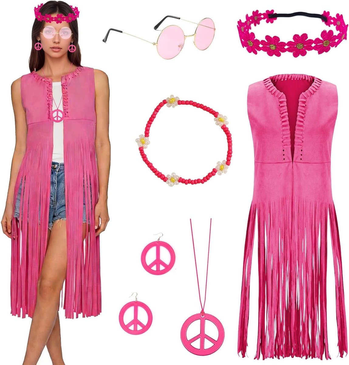 6-delige Hippie Kostuum Set voor Vrouwen met Fringed Cardigan, Accessoires en Thema Party Outfit voor Carnaval en Halloween