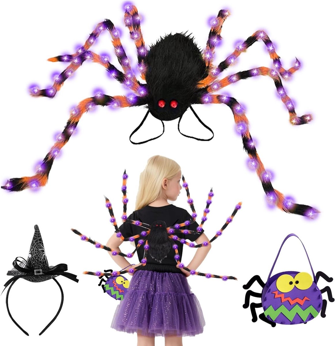 Halloween Reusachtige Spin Kostuum Set met LED Groene Lichten, Rugzak en Spin Hoofdband voor Feestjes en Decoratie