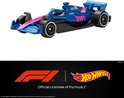 Blauwe Formule 1 auto met roze accenten en BWT logo.