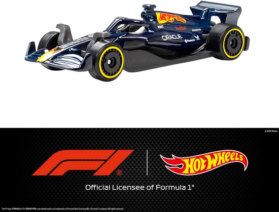 Donkerblauwe Formule 1 auto met gele accenten en Oracle Red Bull Racing logo.