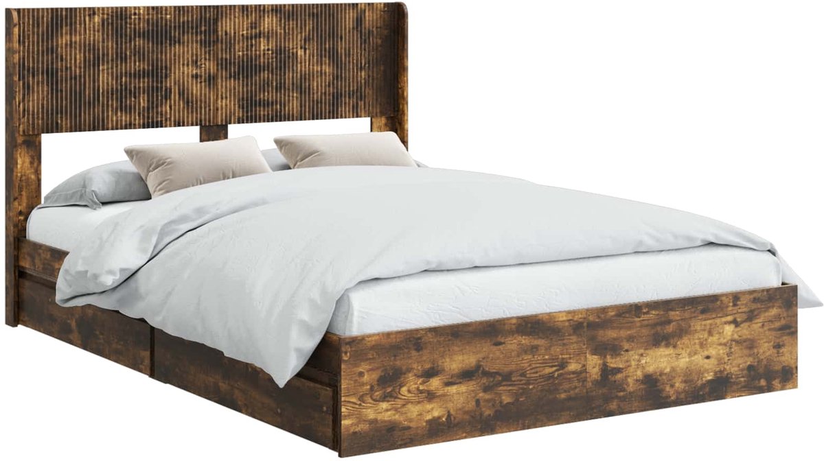 vidaXL - Bedframe - met - opbergruimte - en - hoofdbord - Gerookt - eiken