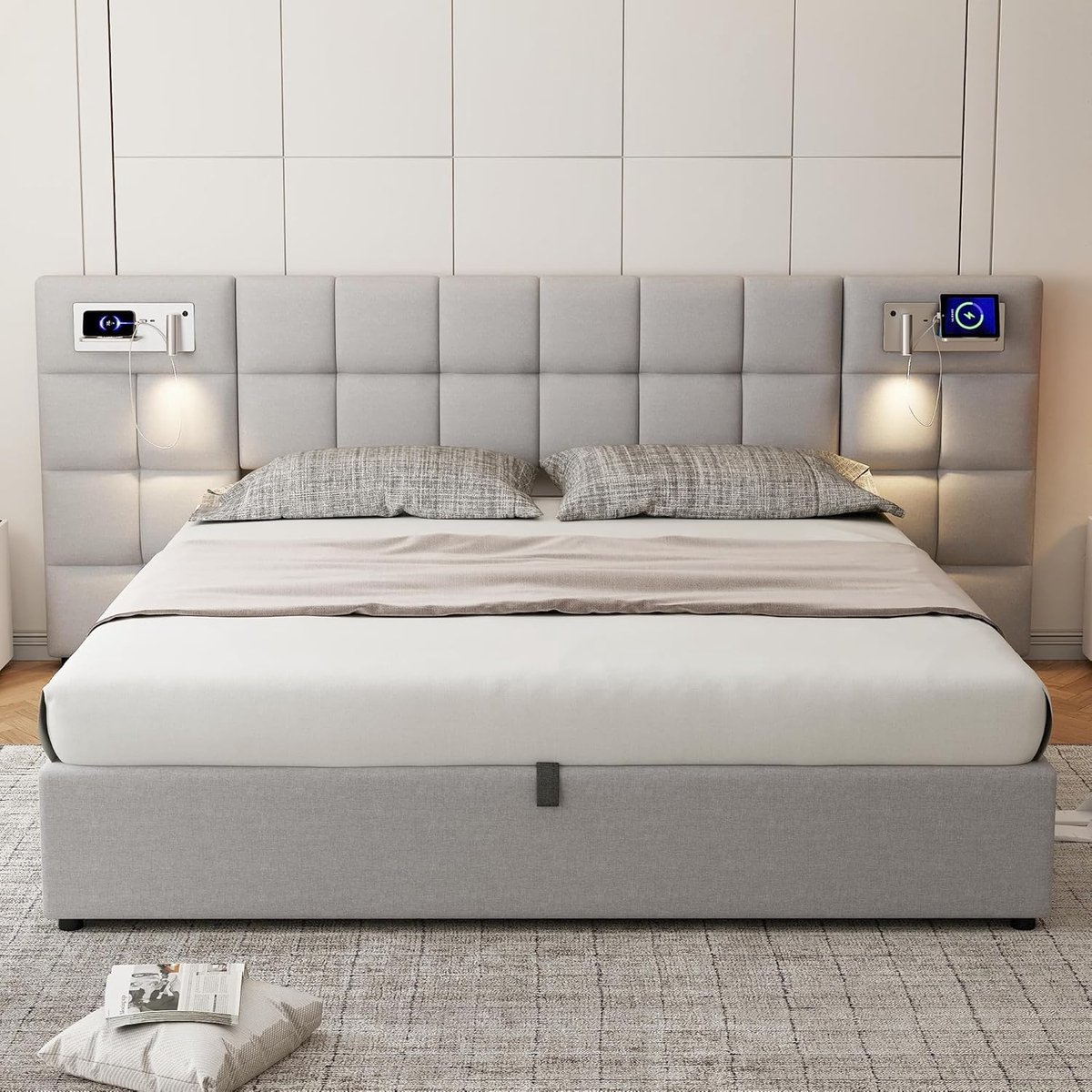 LunaOpberg Luxe Gestoffeerd Bed 180x200 cm met Hydraulische Opbergruimte, Groot Hoofdbord en Houten Lattenbodem – Modern Tweepersoonsbed in Grijs Linnen voor Volwassenen en Tieners