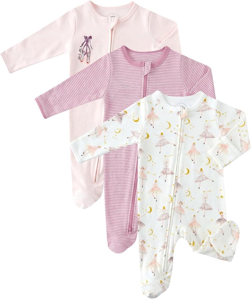 Set van 3 Katoenen Slaappakken voor Baby's met Rits en Omslagwantjes tot 12 Maanden