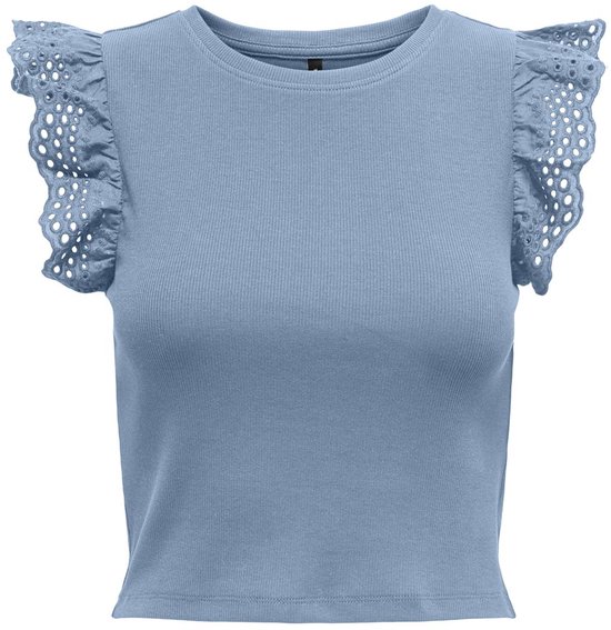 Blauw topje met kanten vlindermouwen, voorkant.