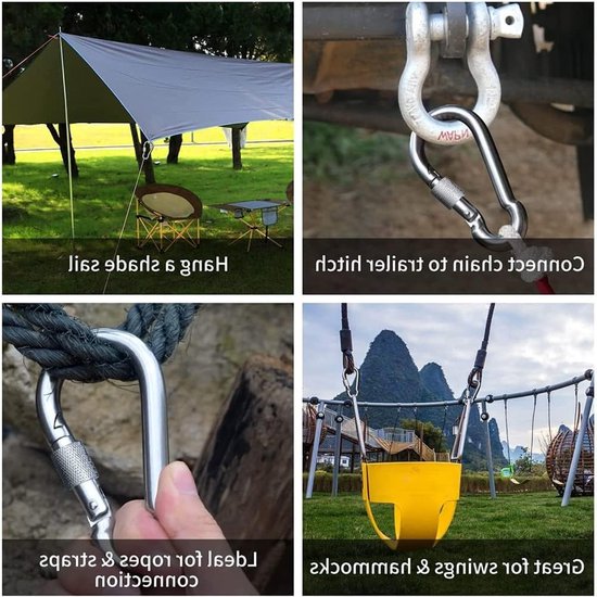 Robuuste M8 karabiner met schroefkap, 2 x draaibare roestvrijstalen haken voor klimmen, kamperen en outdoor activiteiten — afbeelding 4