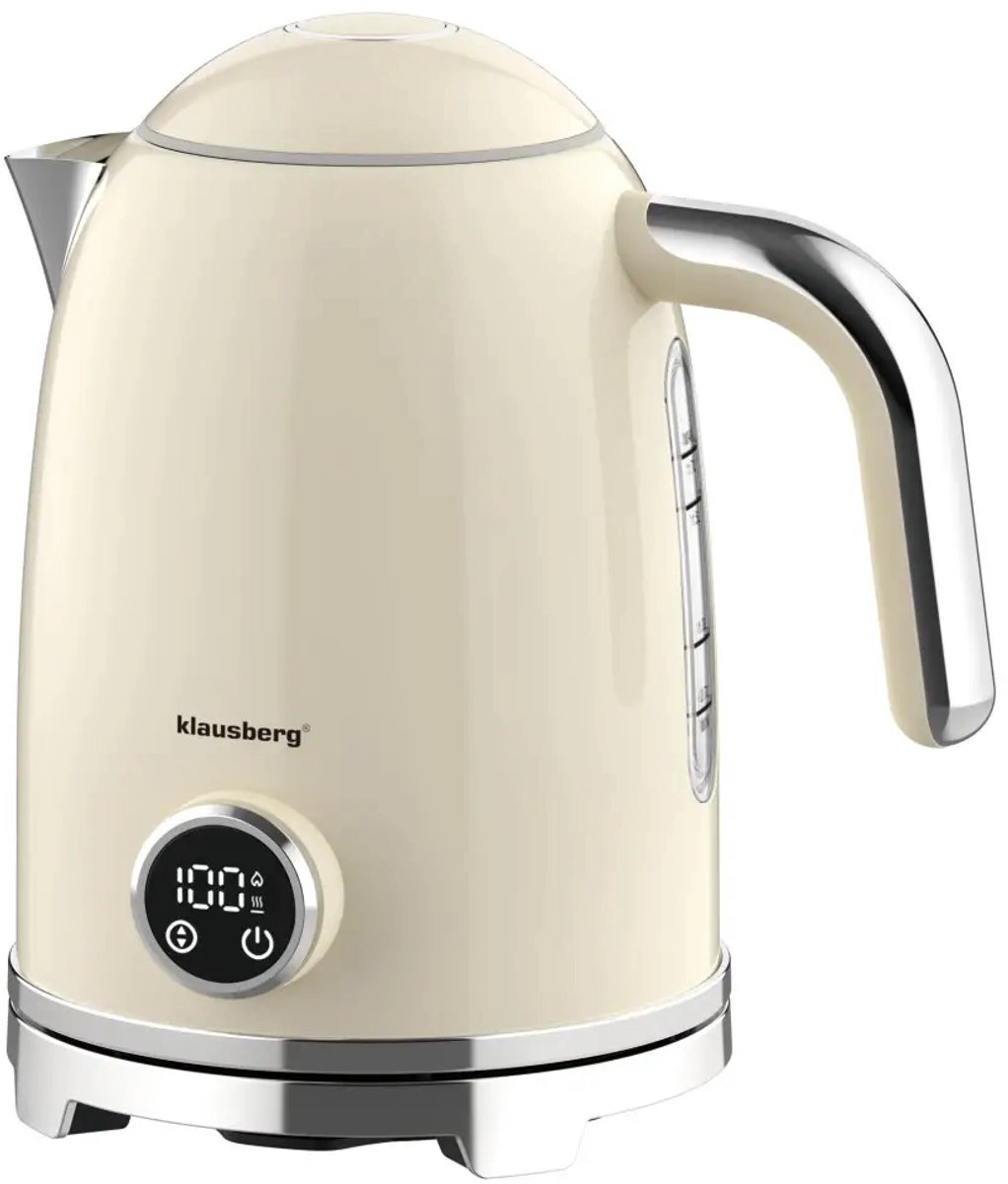 Klausberg - Waterkoker - Elektrische Waterkoker - Waterkoker - Thee Waterkoker met Thermometer - Warmhoudfunctie - RVS - 1.7L - 2200W - Beige