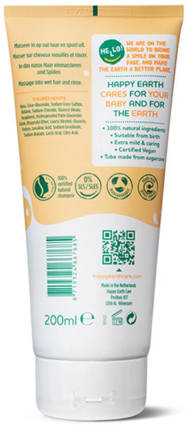 Gele tube met baby & kids shampoo. Bevat ingrediëntenlijst en gebruiksaanwijzing.