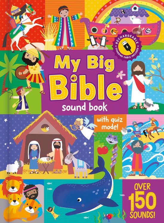 Mijn Grote Bijbel geluidenboek met quizmodus, met scènes en tekst. Inclusief oplaadbare batterij en kabel.