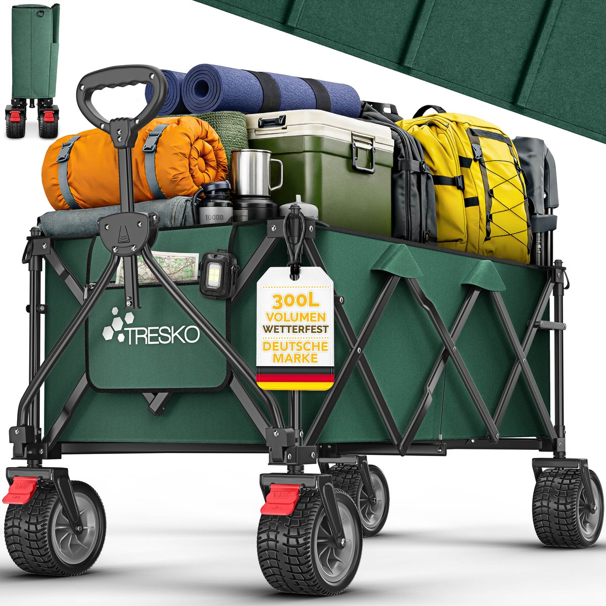TRESKO® Bolderwagen opvouwbaar 300L met rem | Handwagen inklapbaar 150kg incl. massief rubberen banden | Opvouwbare strandwagen extra brede all-terrain wielen | Transportwagen met draagtas