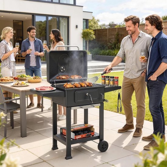 Premie Houtskool Barbecue - Smoker Barbecue - in Hoogte Verstelbaar - Barbecuegrill - Grillwagen - Houtskoolgrill - Houtskoolgrill met Deksel, Thermometer, Wielen, Bijzettafel & Handgreep - BBQ voor buiten, tuin - Zwart van Merkloos — afbeelding 4