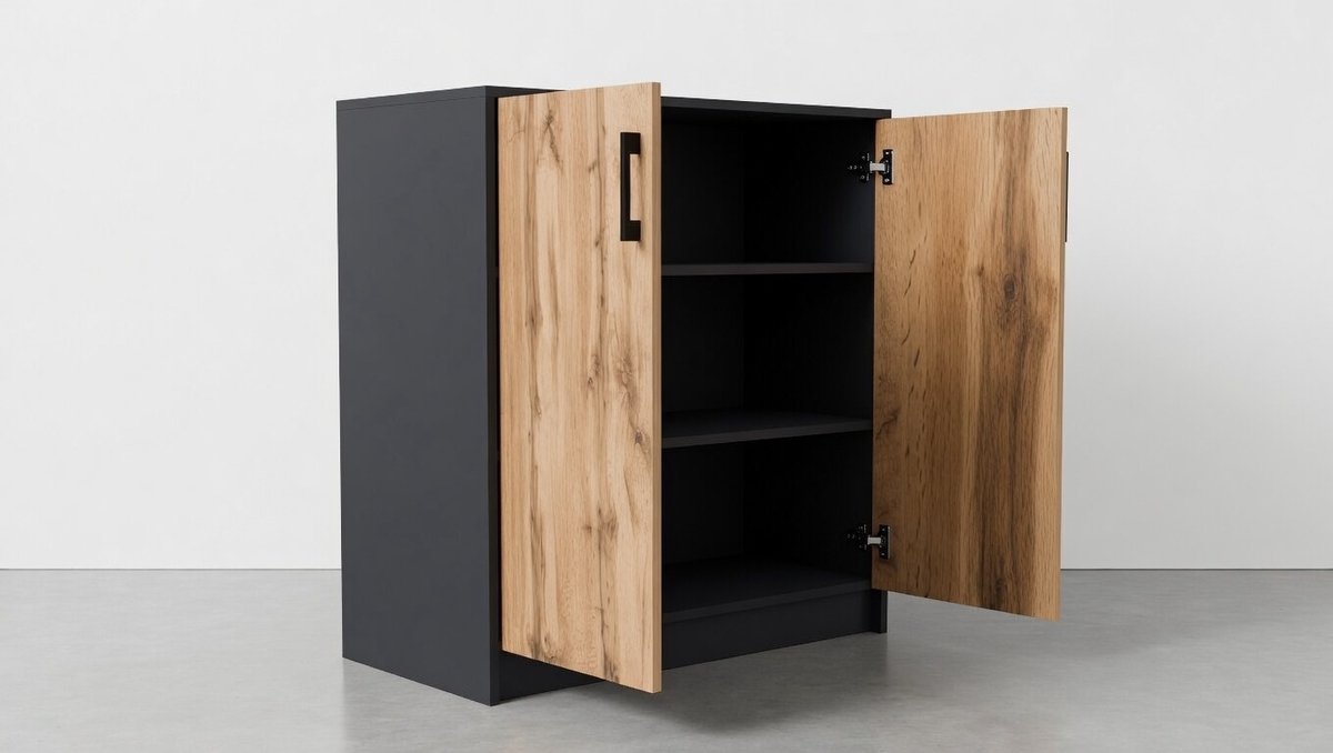 Commode 2-deurs H B D 85 x 74 x 35 cm Een binnenplank gemaakt van hout materiaal handgrepen in gesatineerde metaal-look scharnieren van metaal (grijs-Wotan eiken)-Mobili Bella