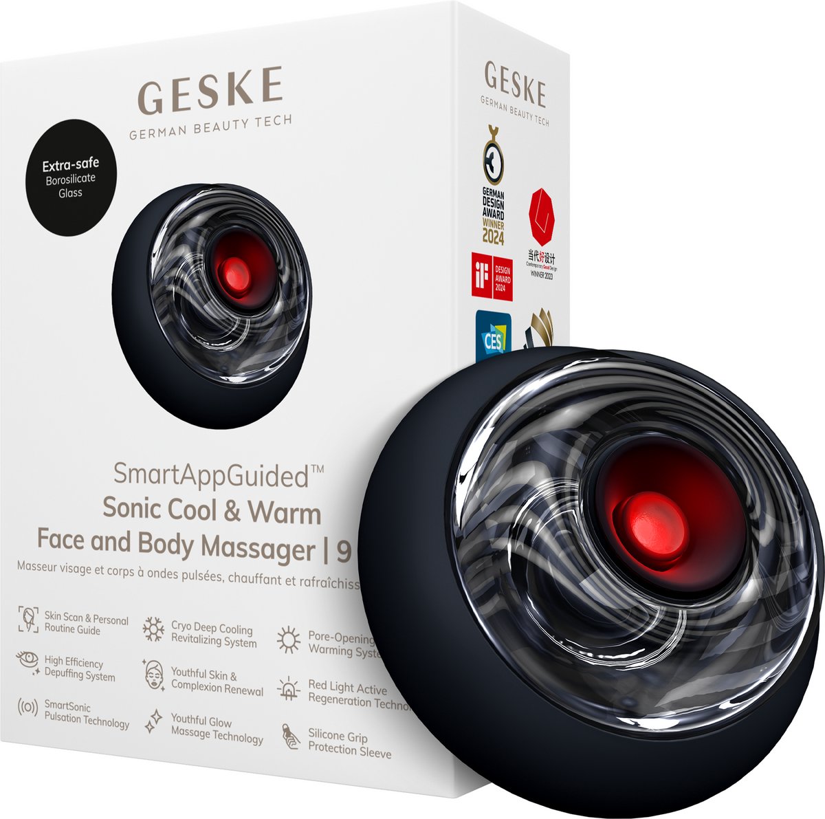 GESKE SmartAppGuided™ Sonic Cool & Warm Face & Body Massager | 9 in 1 | Massageapparaat | Gezicht & Lichaam | Batterijloos koelen en warmen | Verstevigt en ontspant | Met SmartSonic-pulsatie