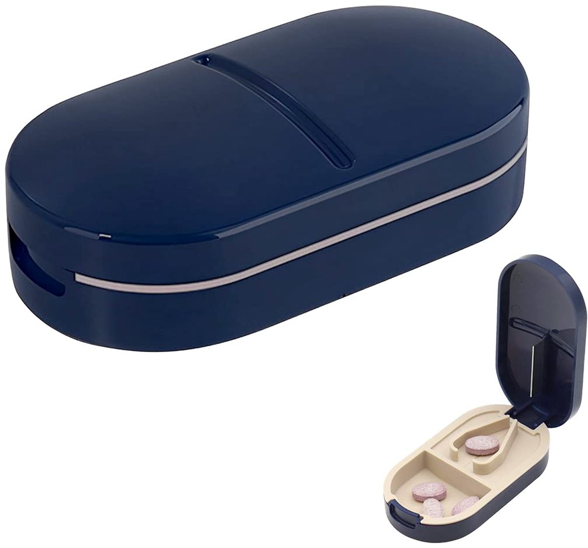 Daity Pillensnijder – Draagbare pillensplitter & -dispenser – Medicijnopbergdoosje met ingebouwde snijder – 2-in-1 pillendoos (met snijfunctie) – Ideaal voor dagelijks gebruik en op reis – Blauw