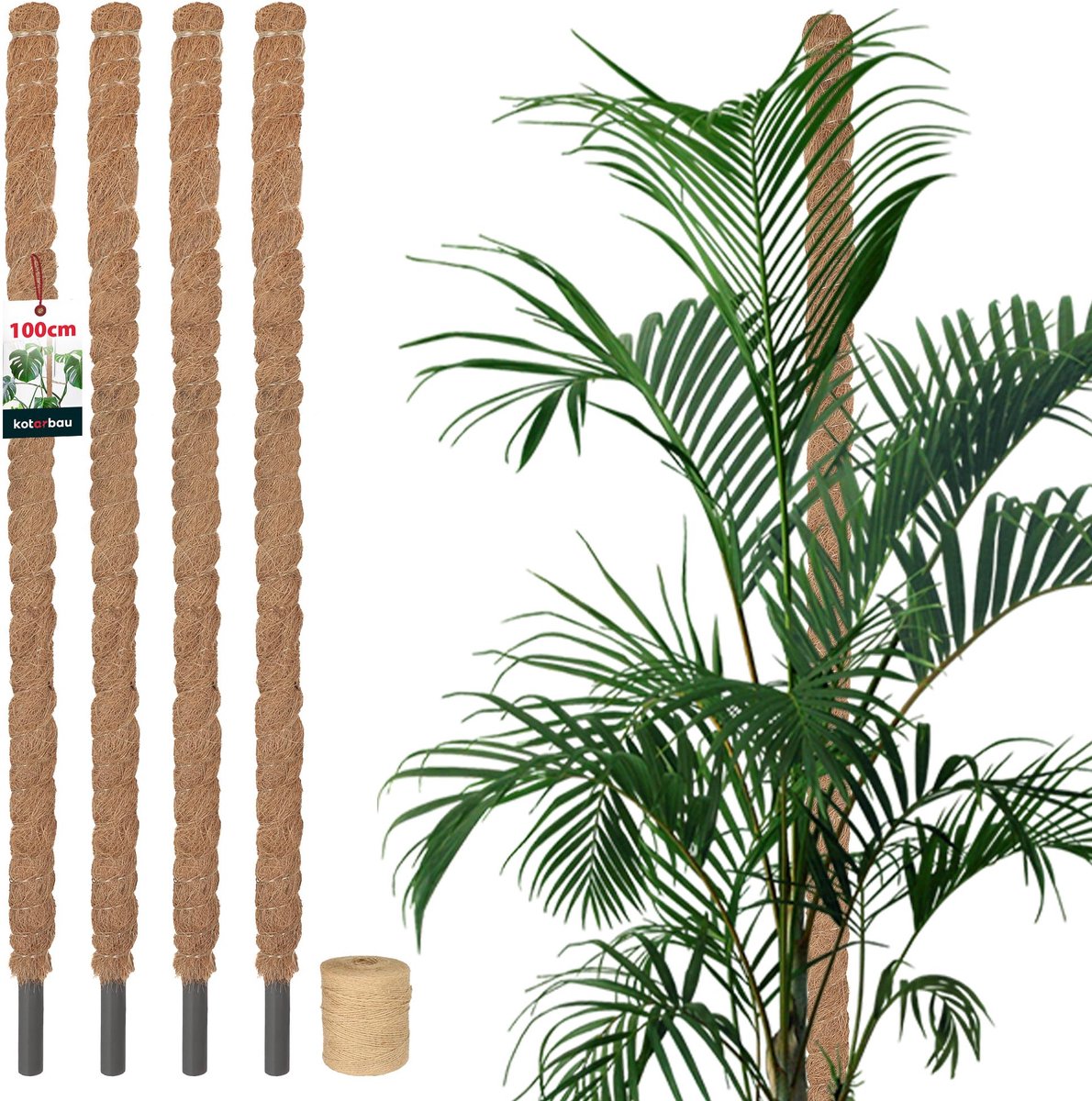 KOTARBAU® 4 st Kokosstok, Plantenstok, ⌀ 2,5 x 100 cm, Kokosstaaf, Klimhulp Monstera, Bruin, Kokosvezel, Klimhulp, Plantenstaaf, Kokosstok voor Monstera, Kokosstaaf voor Klimplanten