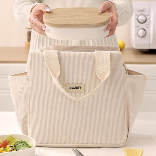 Lunchtas voor Dames - 12L Koeltas - Ribfluweel - Met Zijvakken Grote Capaciteit - Voor Paraplu Waterbeker Tafelservies En Mobiele Telefoon - Geschikt Voor Picknick Werk En School - Beige Kleur - Vershouddoos - Meal Prep Snackbox - Dagelijks Gebruik van Lalune Beach. — afbeelding 4
