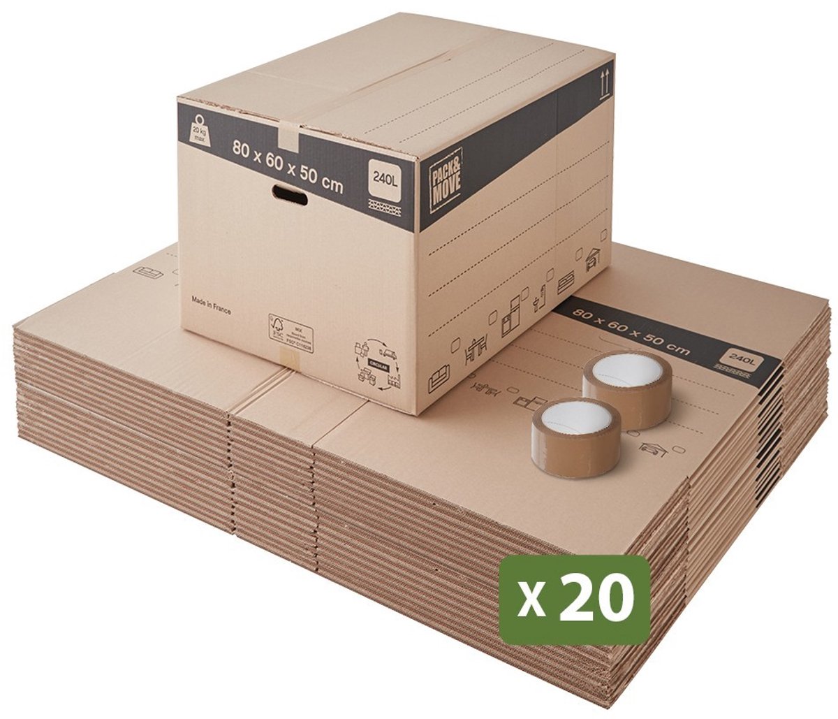 Pack and Move - Set 20 verhuisdozen XXL - 80 x 60 x 50 cm - Versterkte handgrepen - 2 tapes gratis