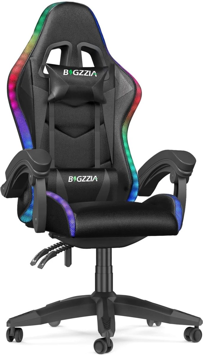 ITRONIQ Gaming Stoel - Ergonomische Bureaustoel - RGB LED - Verstelbaar 90 tot 155 Graden - Hoofdsteun - PU Leer - Zwart