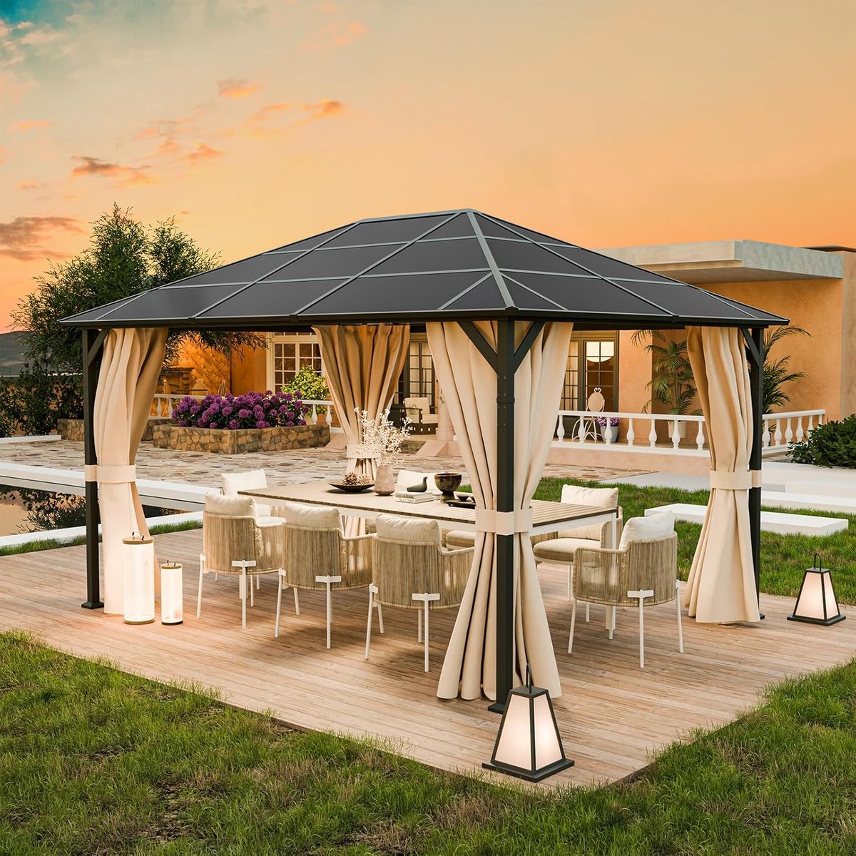 Tuinpaviljoen 3x4m Waterdicht Polycarbonaat Pergola met Gordijnen – UV-Bescherming, Winterbestendig Aluminium Frame 6x6 cm Palen – Luxe Prieel 12m² voor 6-8 Personen – Nicolehome