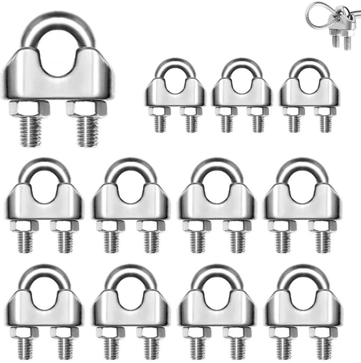 20pcs 6mm Steel Cable Clamp M6 - RVS Beugel - Kabelklem - U-Bouten - Tegenmoeren voor Staal Kabel, Draad, Touw