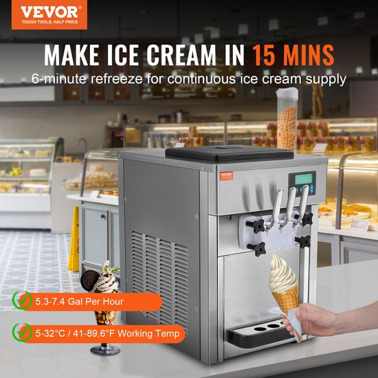 VEVOR Commerciële Ijsmachine, 1800 W, 3 Smaken, Softijsmachine Aanrecht, 2 x 4 Liter Trechter, 2 x 1.8 Liter Cilinder, LCD-scherm, Automatische Reiniging, Voorkoeling van Merkloos — afbeelding 4