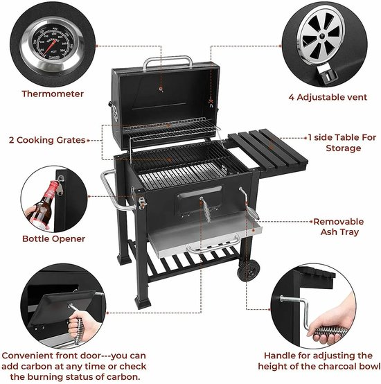 LUMÈ STORE Houtskool BBQ Grill - Trolley Barbecue met Deksel & Thermometer - Groot - Met Wielen, Zijtafel & Aslade - Zwart van Merkloos — afbeelding 4