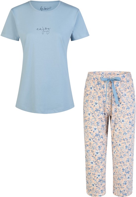 By Louise Dames Capri Pyjama Set Driekwart Broek Blauw/Soft Orange Gebloemd - Maat S