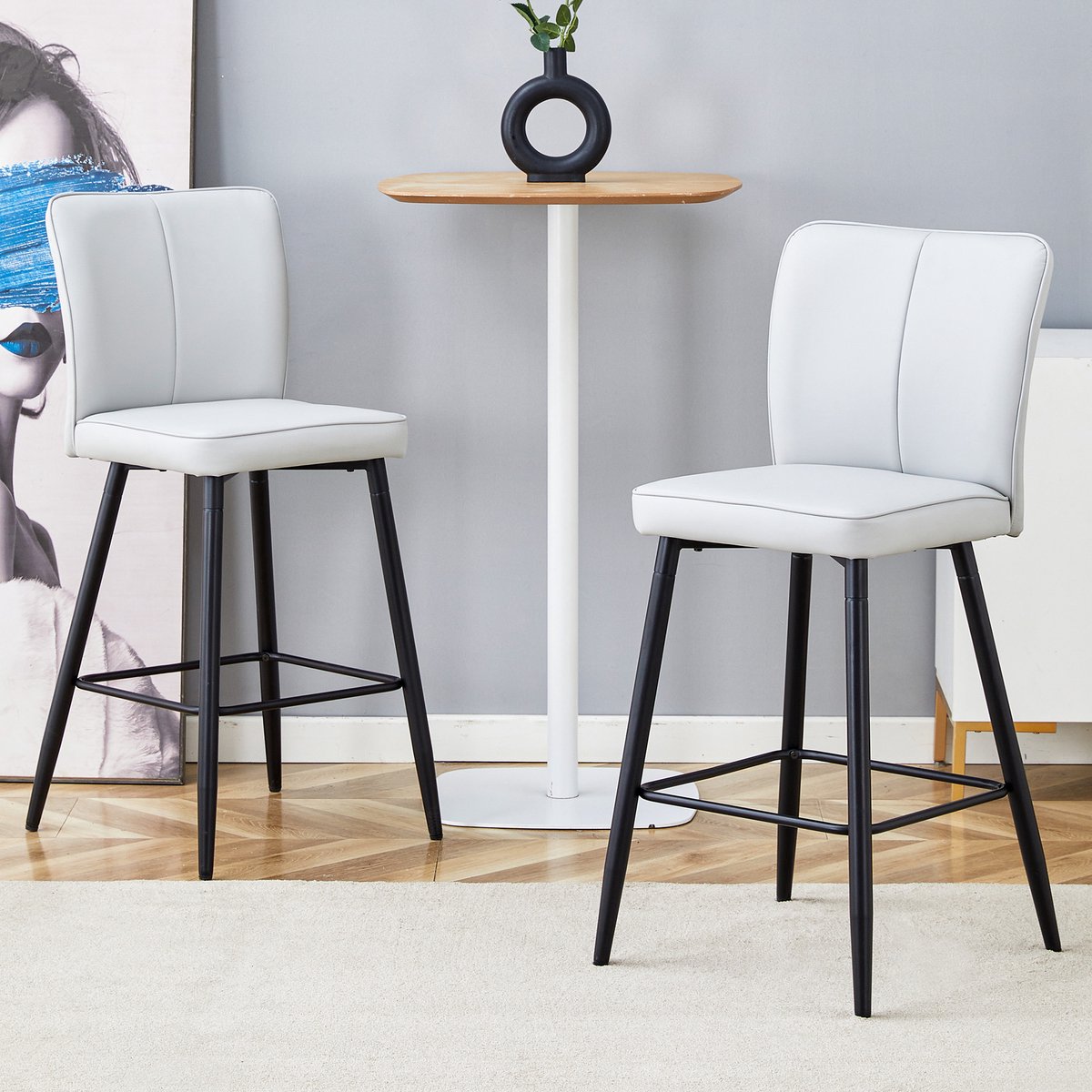 MODENUIT Barkruk 101 cm - Set van 2 met Ergonomische Rugleuning en Voetsteun - Voor Keukenbar - PU Lichtgrijs