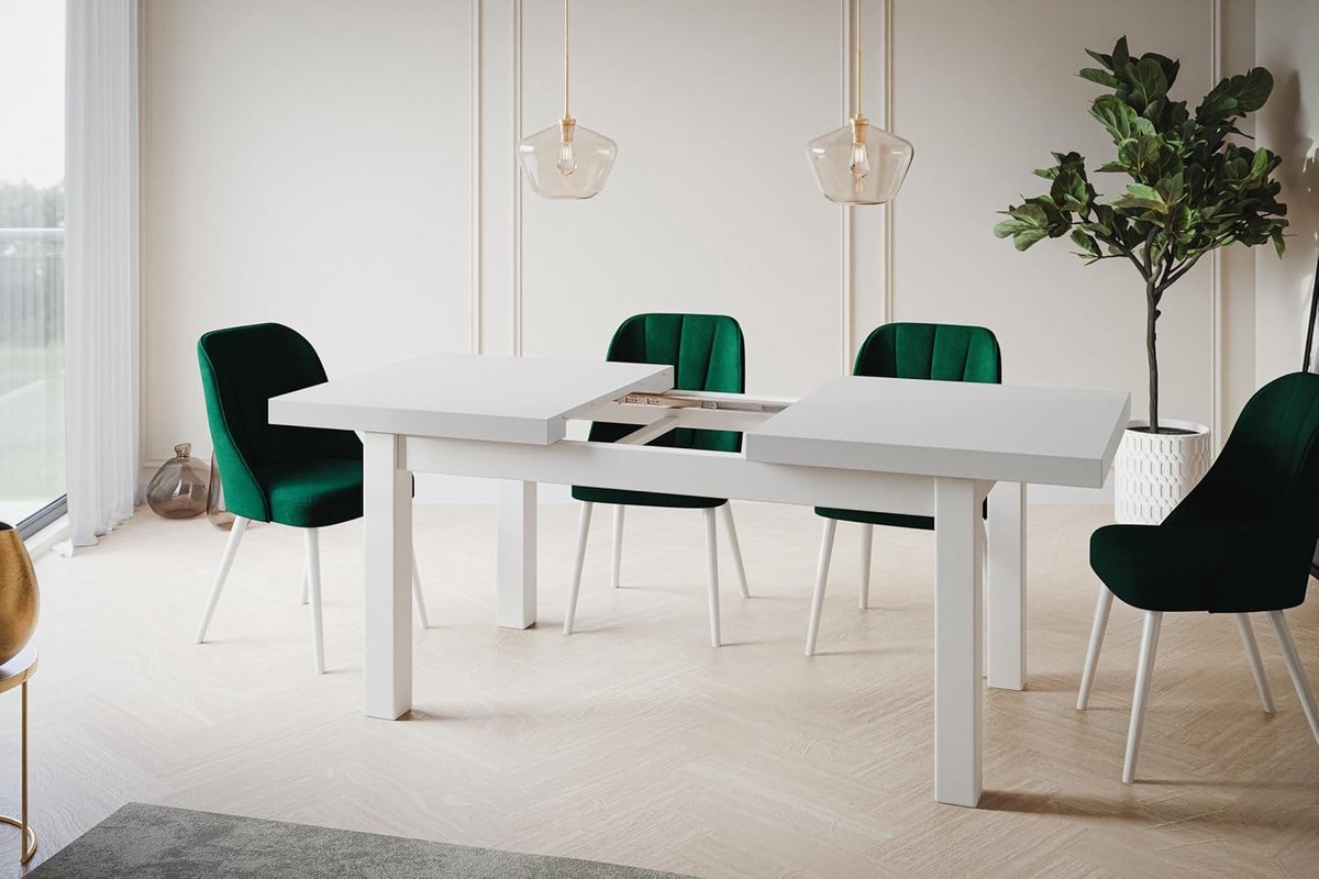 Uitschuifbare Eettafel 120–160 cm x 80 cm – Rechthoekige Witte Eetkamertafel met Massief Beukenhouten Poten, Moderne Keukentafel voor 4-6 Personen – Laura